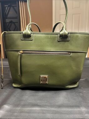 Dooney & Bourke Olive Green Leather Tote with Front Zip Pocket